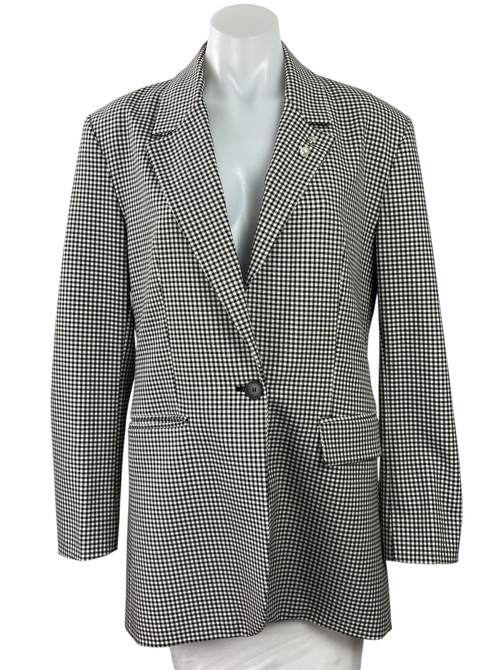 Zara Black White Gingham Plaid Checkered Long Sleeves Blazer Coat Jacket Size M